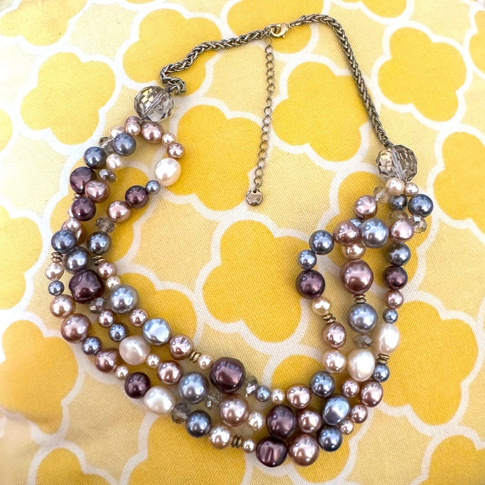 Loft Glass Faux Multi colored Pearls 3 Strand Silver Necklace